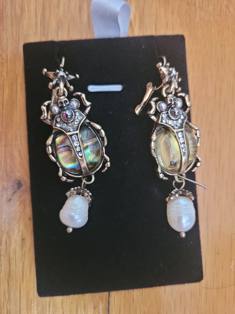 Iridescent Abalone Beetle Drop Earrings with Pearl Dangles - Gold Tone
